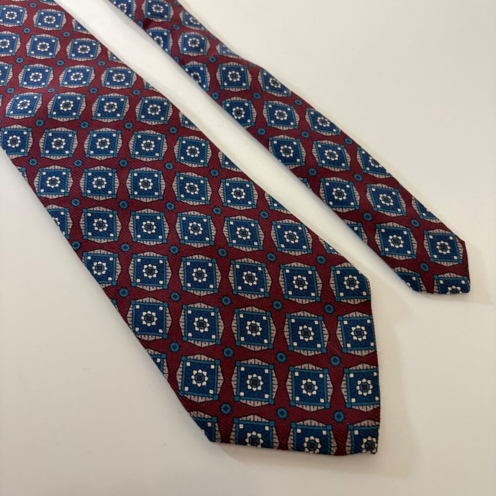 Robert Talbott Hand Sewn Silk Tie Maroon Blue Geometric Mens Necktie Office Vtg